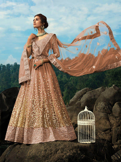 Brown Zari Worked Soft Net Wedding Wear Lehenga Choli
